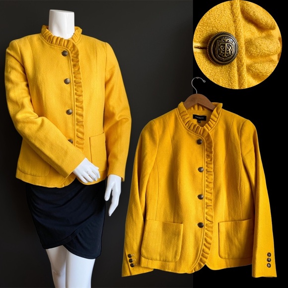 Talbots Yellow Wool Blazer Jacket Ruffle Career Vibrant Preppy Retro Modest 10 - Picture 1 of 12